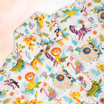 Boon Babies Jaipur cotton multi-animal print shirt and shorts set for kids, featuring a straight collar and summer casual style.