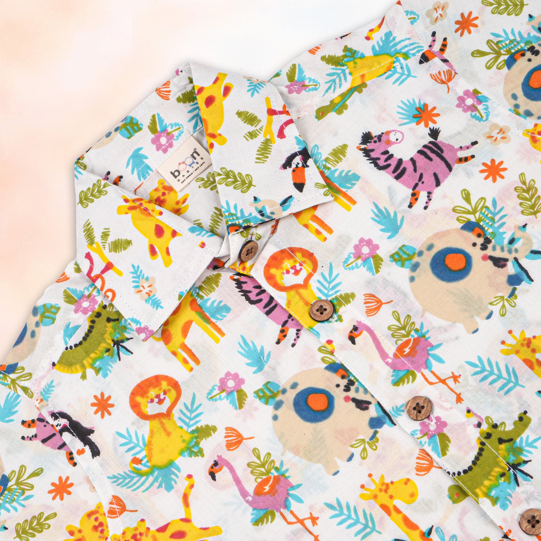 Boon Babies Jaipur cotton multi-animal print shirt and shorts set for kids, featuring a straight collar and summer casual style.