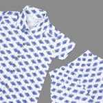 Soft cotton boys co-ord set with blue floral print, straight collar shirt and comfy shorts—perfect for casual style look and outdoor wear.