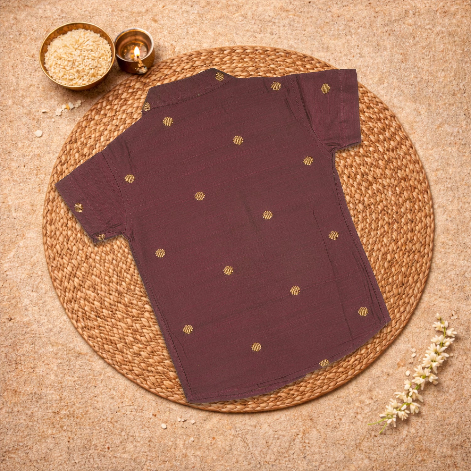 Yellow raw silk ethnic shirt and dhoti set for festive wear, crafted by Boon Babies, featuring traditional solid design.