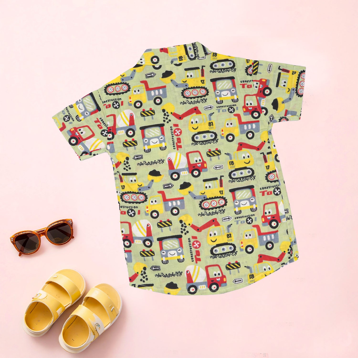 Boon Babies boys co-ord set featuring an olive truck print printed shirt with Chinese collar and matching shorts.
