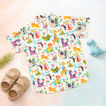 Boon Babies Jaipur Cotton multi-animal print shirt and shorts set for summer, featuring a straight collar and colorful animal patterns.