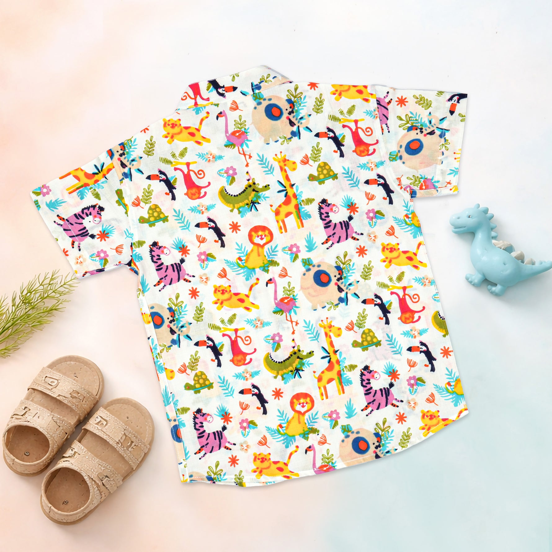 Boon Babies Jaipur Cotton multi-animal print shirt and shorts set for summer, featuring a straight collar and colorful animal patterns.
