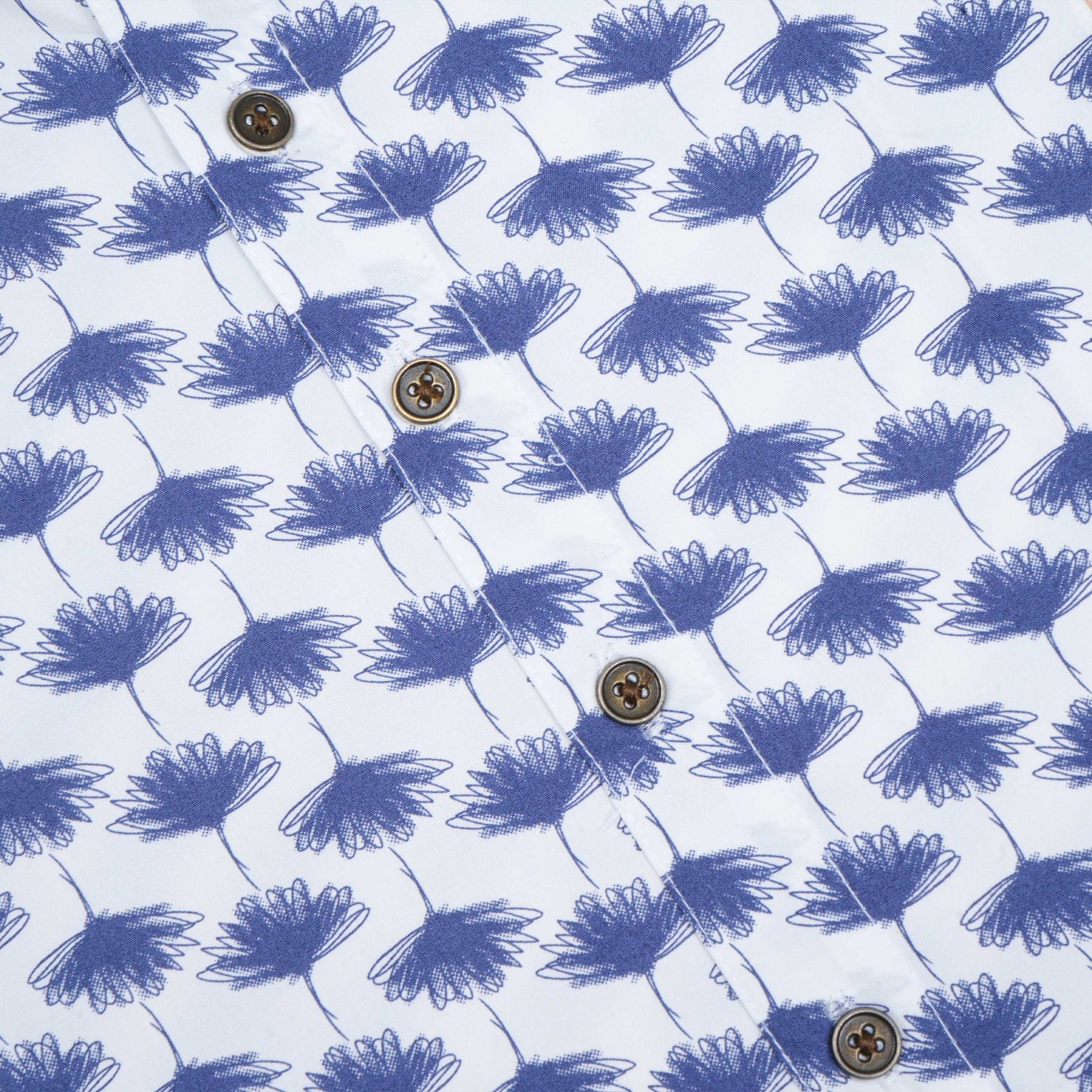 Soft cotton boys co-ord set with blue floral print, straight collar shirt and comfy shorts—perfect for casual style look and outdoor wear.