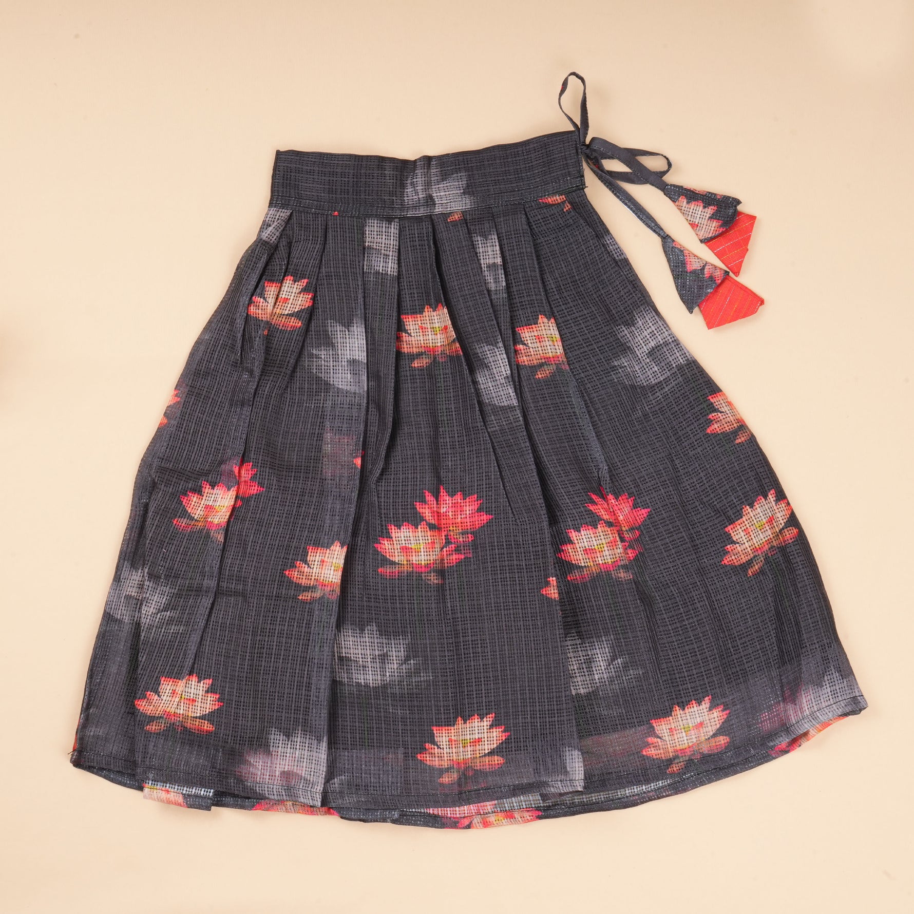 Red and black lotus ethnic skirt set for girls featuring a traditional top and skirt by Boon Babies.