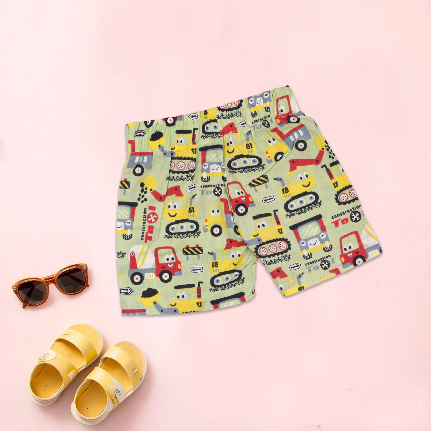 Boon Babies boys co-ord set featuring a printed olive truck shirt with Chinese collar and matching shorts, casual summer outfit.