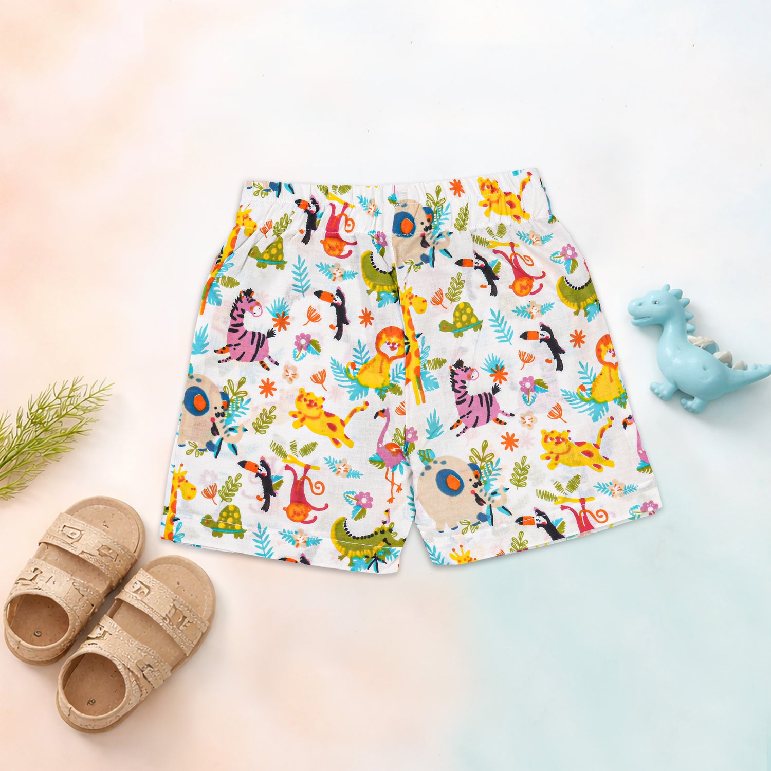 Boon Babies Jaipur cotton summer shirt and shorts set with colorful multi-animal print, straight collar, lightweight and comfortable.
