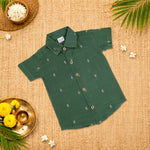 Elegant green handloom silk cotton shirt with optional dhoti, perfect for festive and traditional wear.