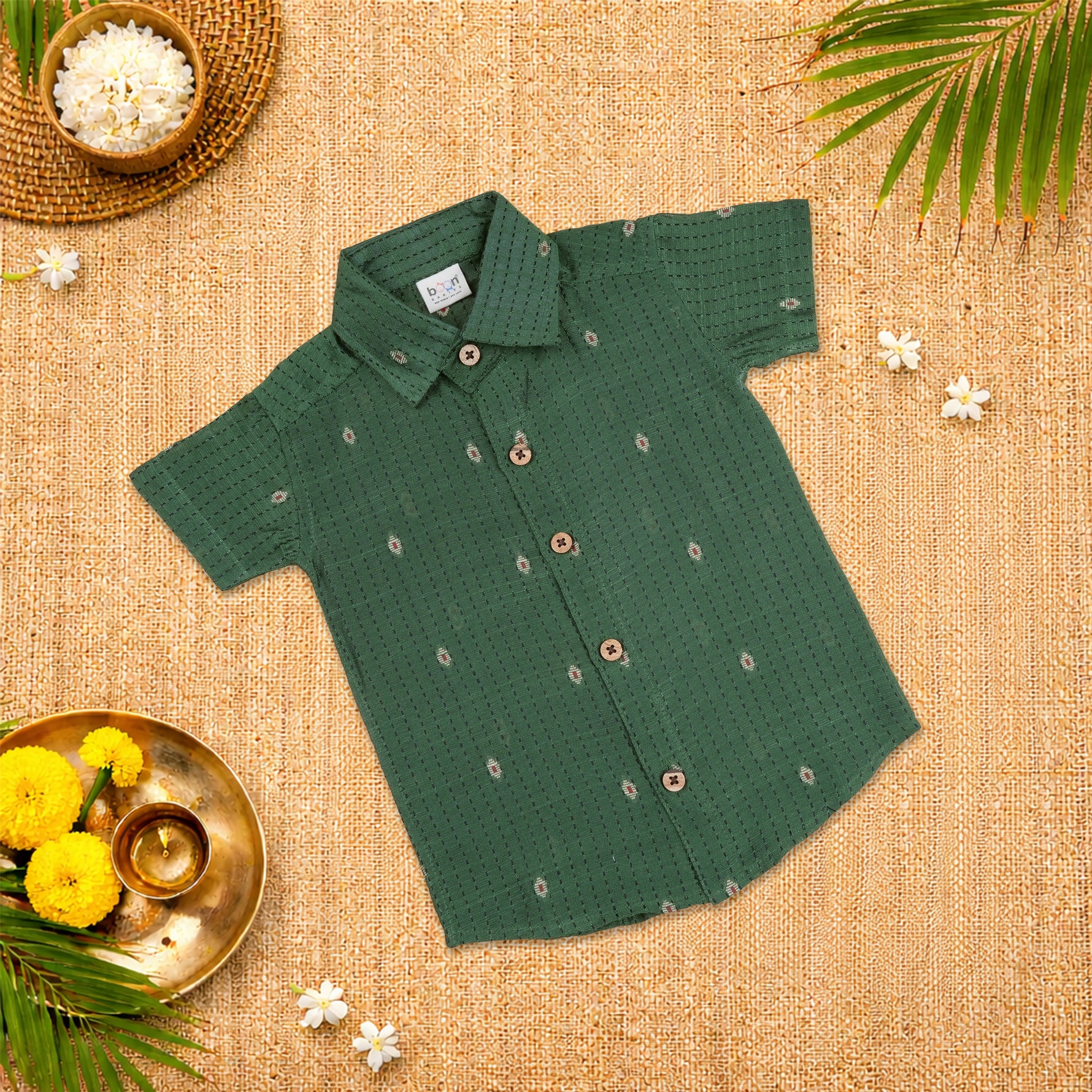 Elegant green handloom silk cotton shirt with optional dhoti, perfect for festive and traditional wear.
