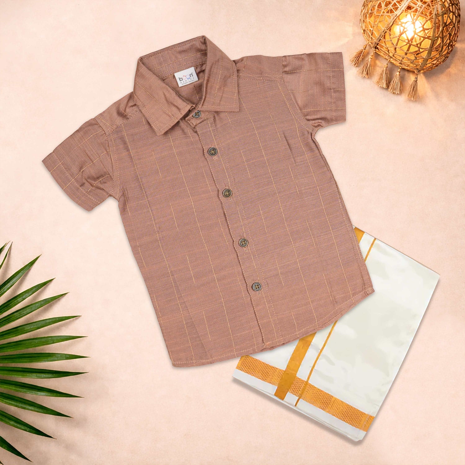Boys brown checkered silk shirt with white dhoti set – festive ethnic wear by Boon Babies Coimbatore