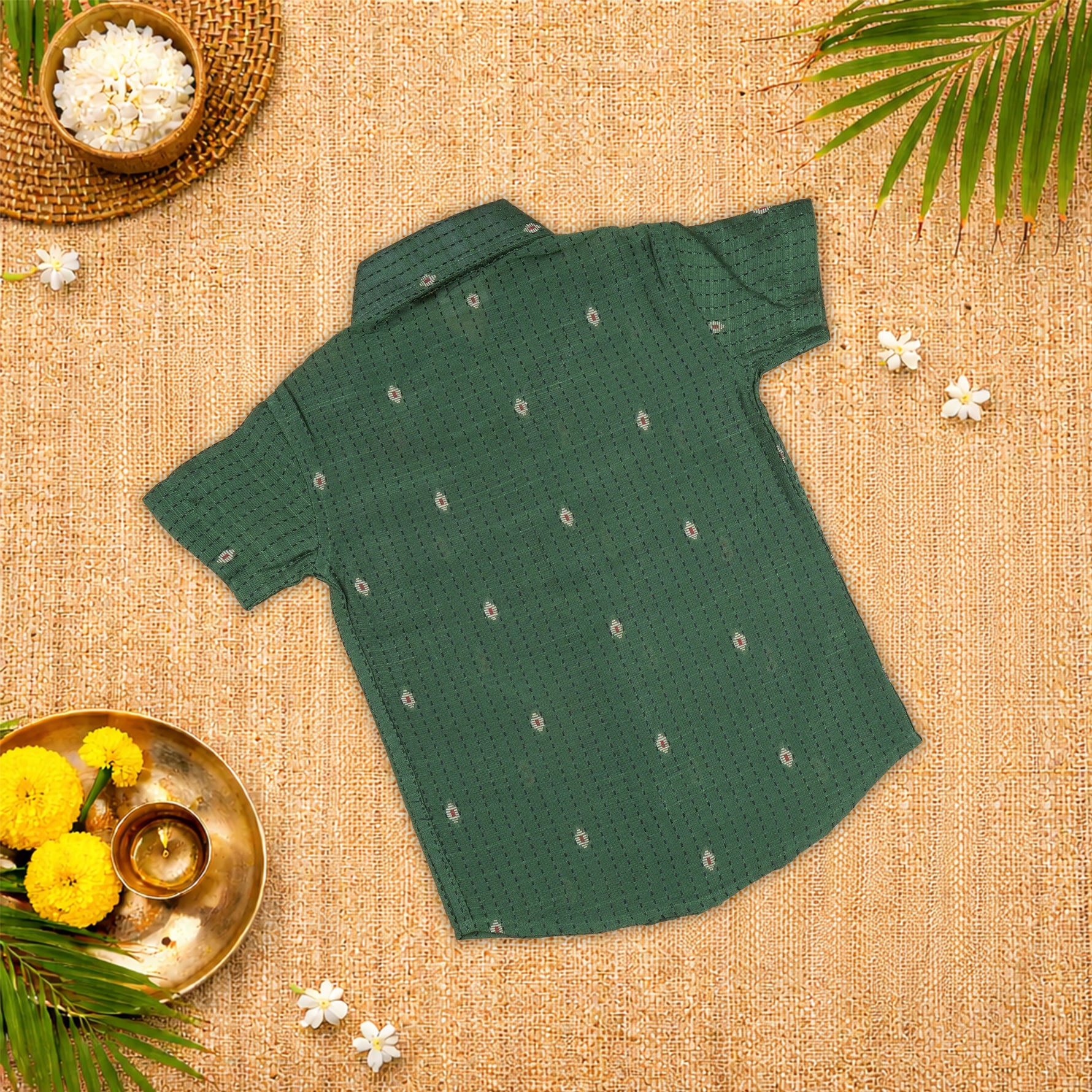 Elegant green handloom silk cotton shirt with optional dhoti, perfect for festive and traditional wear.