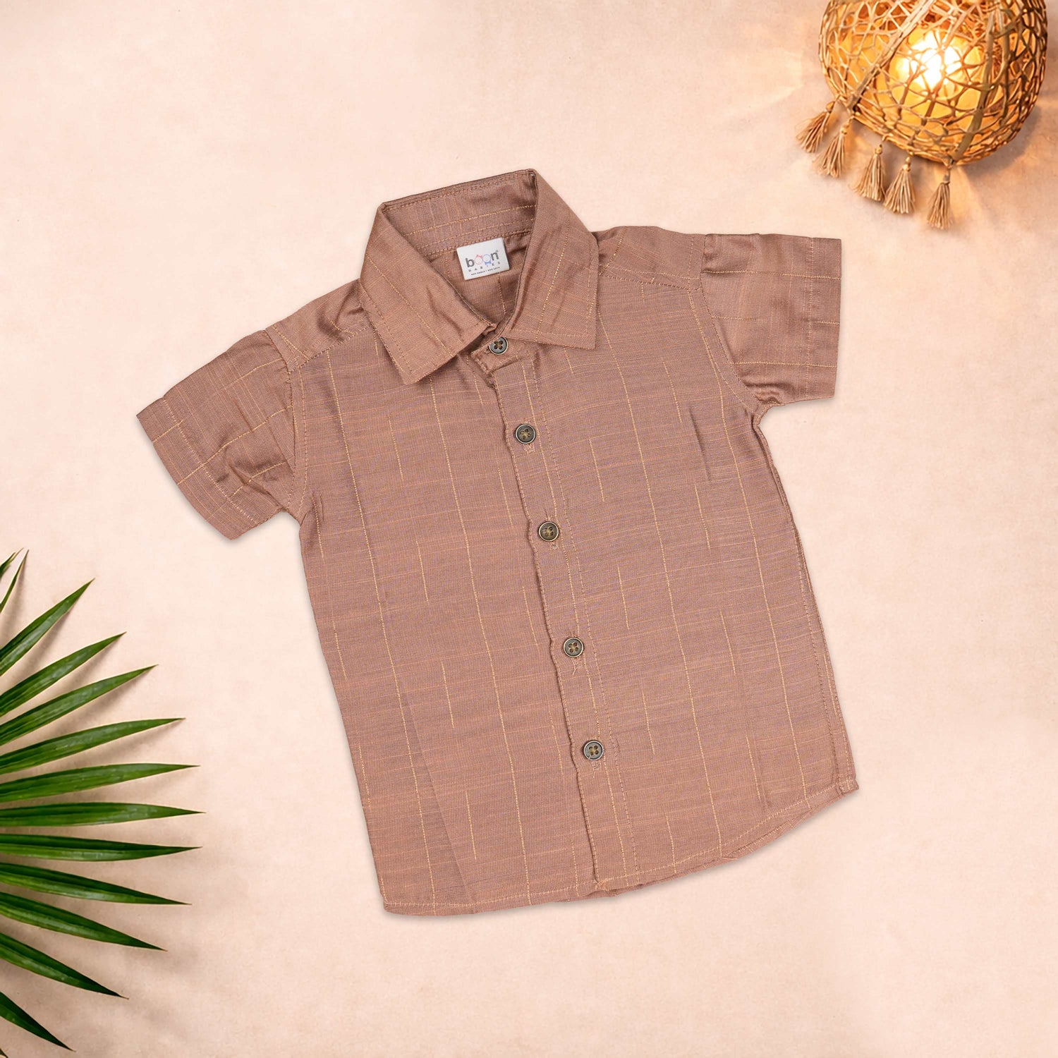 Boys brown checkered silk shirt with white dhoti set – festive ethnic wear by Boon Babies Coimbatore