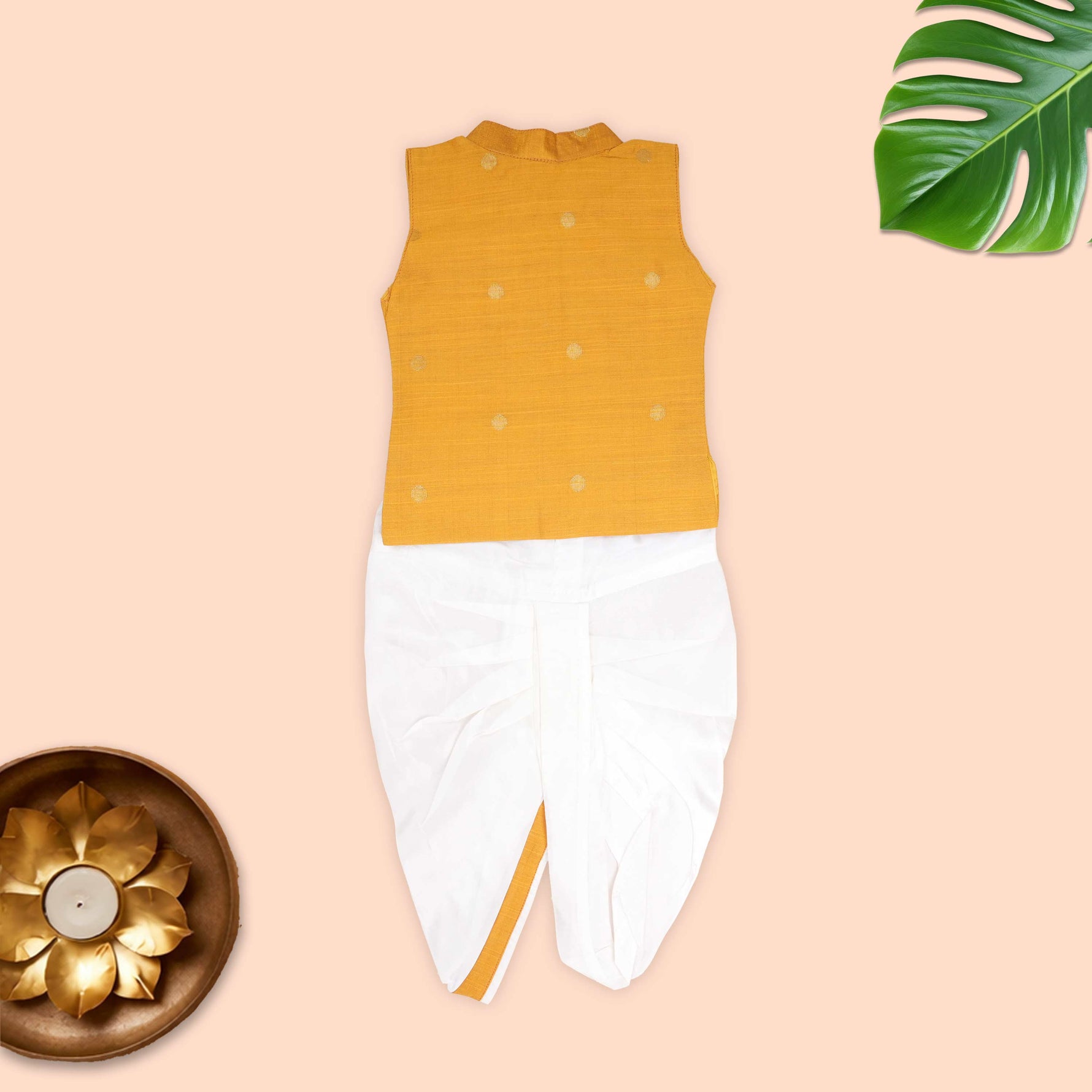 Boon Babies boys' festive ethnicwear set with a mandarin collar shirt and Panchagajam, featuring traditional design and vibrant colors.