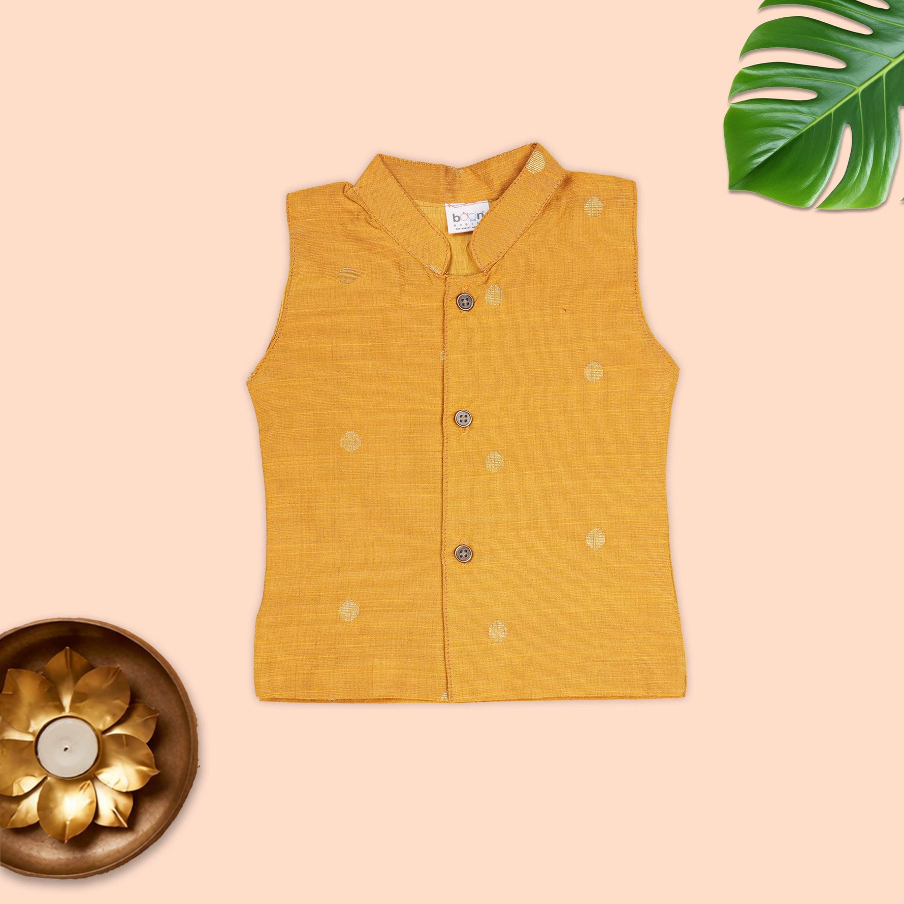 Boon Babies boys Mandarin collar shirt and Panchagajam set in festive ethnic wear, featuring traditional patterns and vibrant colors.