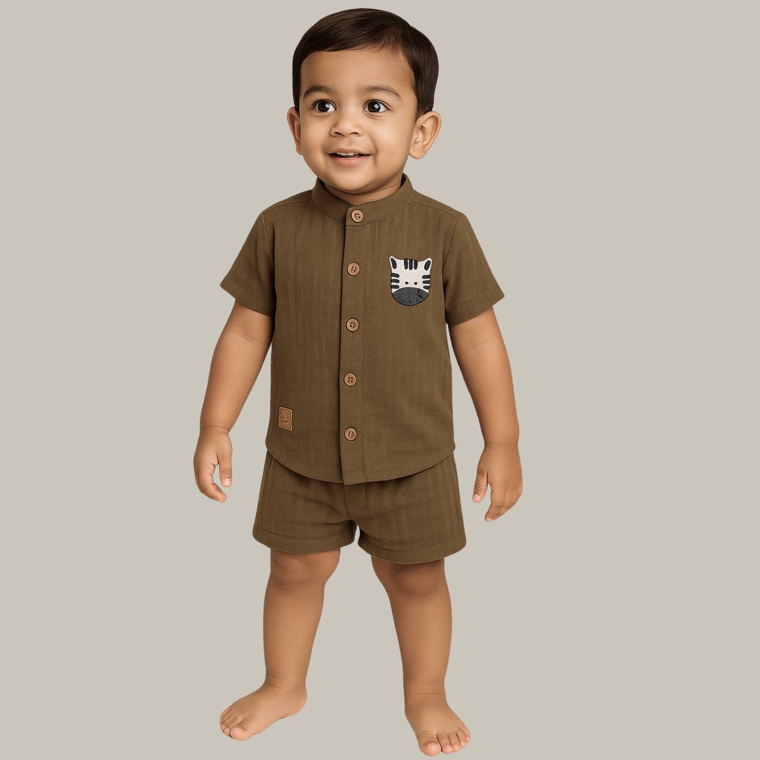 Olive Green Muslin Shirt & Shorts – Zebra Embroidery