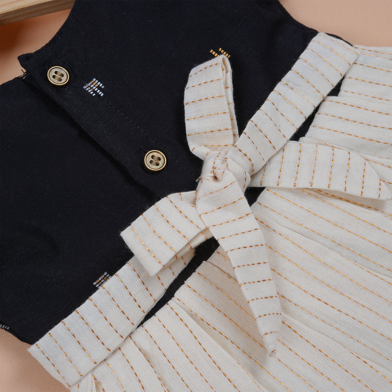 Black & Cream Silk Puff Paa Neck Frock with Golden Zari Stripes