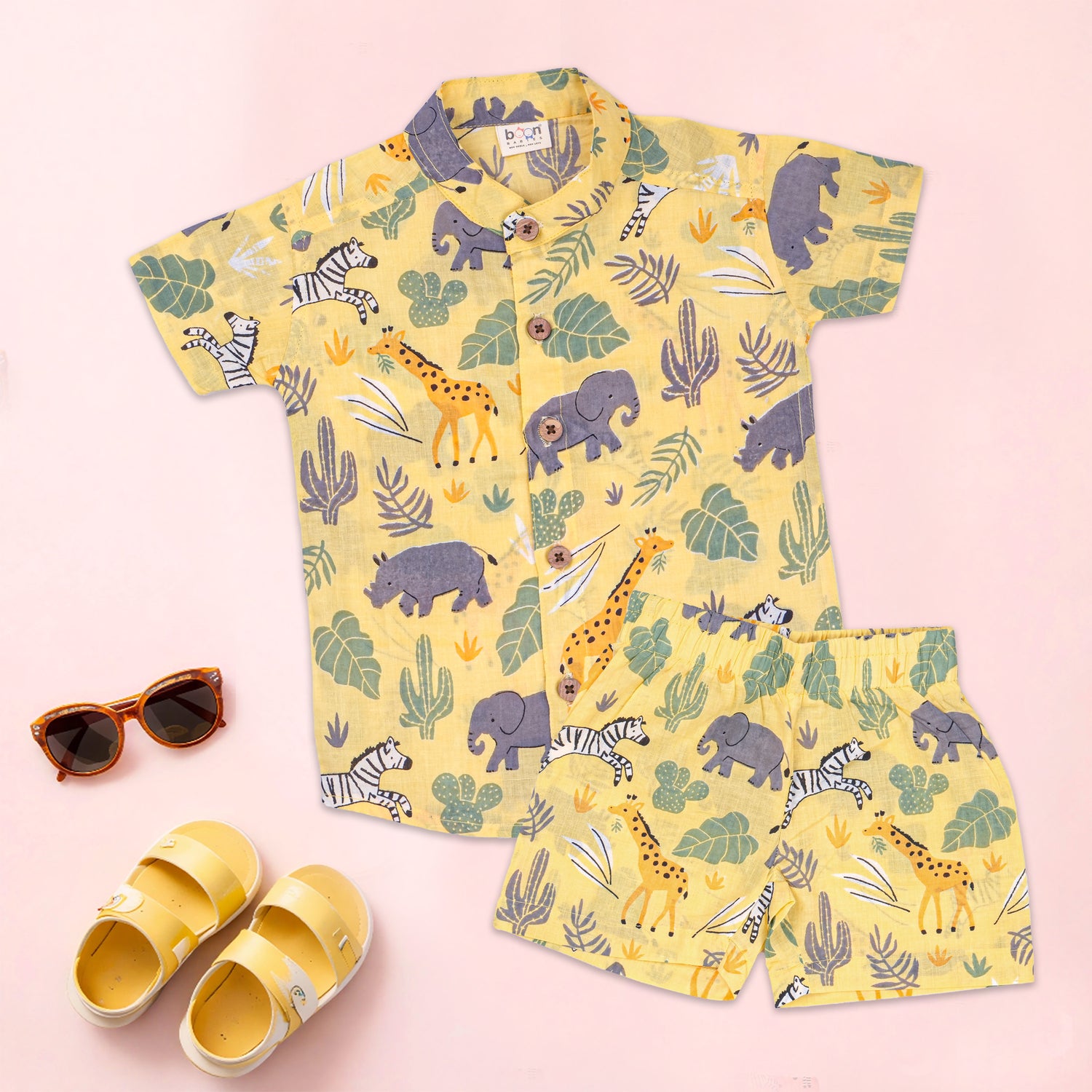 Boon Babies boys safari jungle print co-ord set with Chinese collar shirt and matching shorts featuring playful jungle pattern.