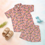 Boone Babies Jaipur cotton zebra print shirt and shorts set in peach, featuring a straight collar and summer-ready design.