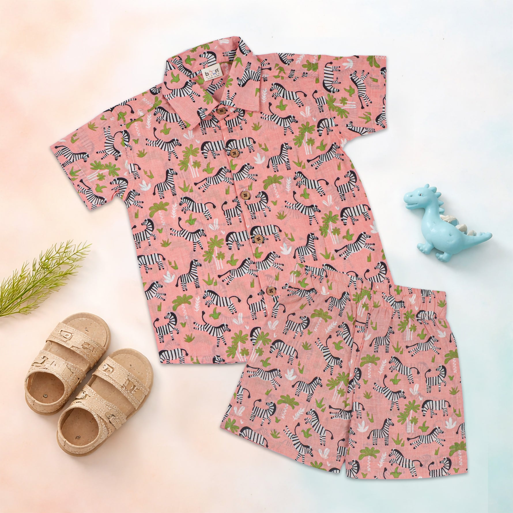 Boone Babies Jaipur cotton zebra print shirt and shorts set in peach, featuring a straight collar and summer-ready design.
