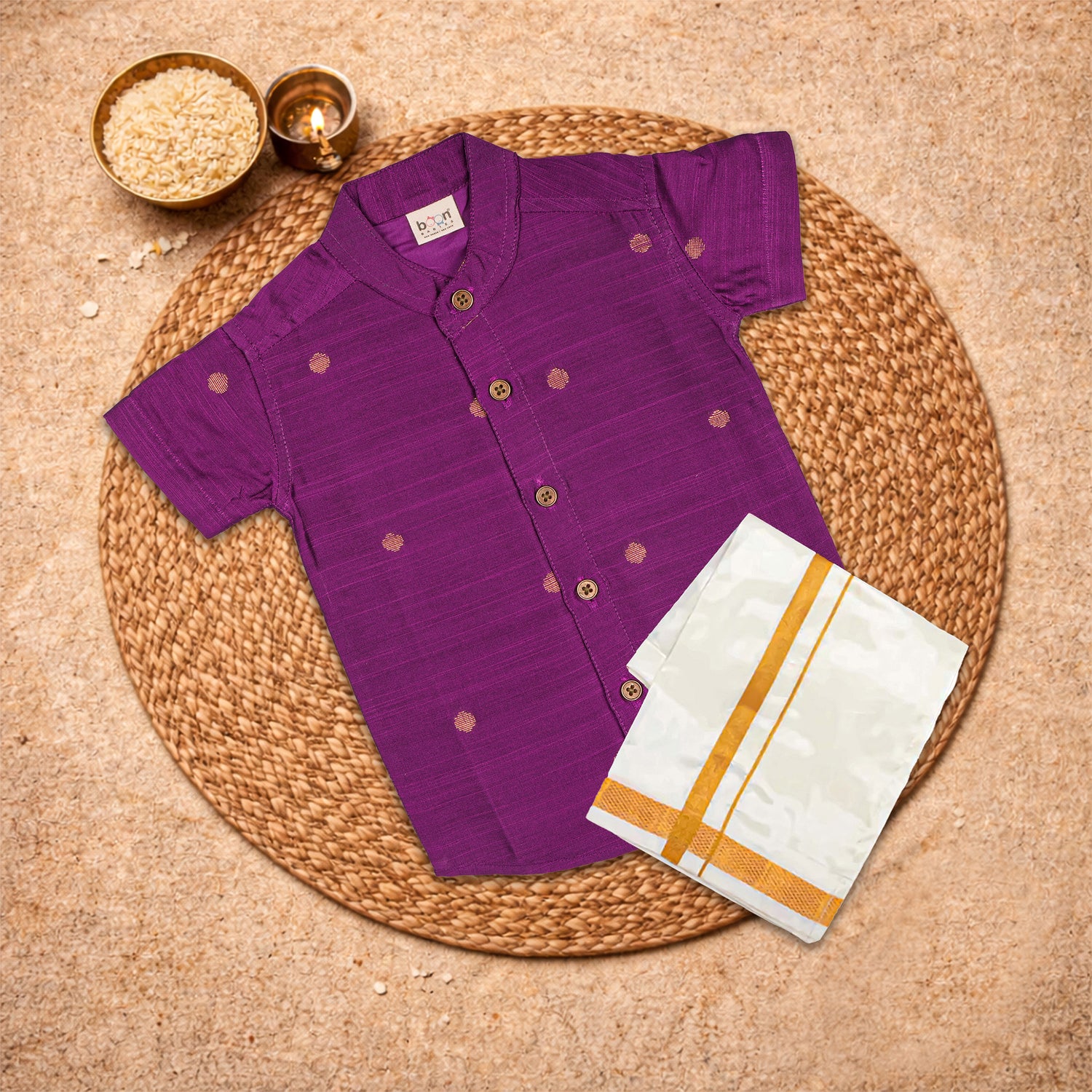 Boys wearing Booon Babies purple silk butta traditional shirt and dhoti set for festive occasions, showcasing ethnic festive wear.