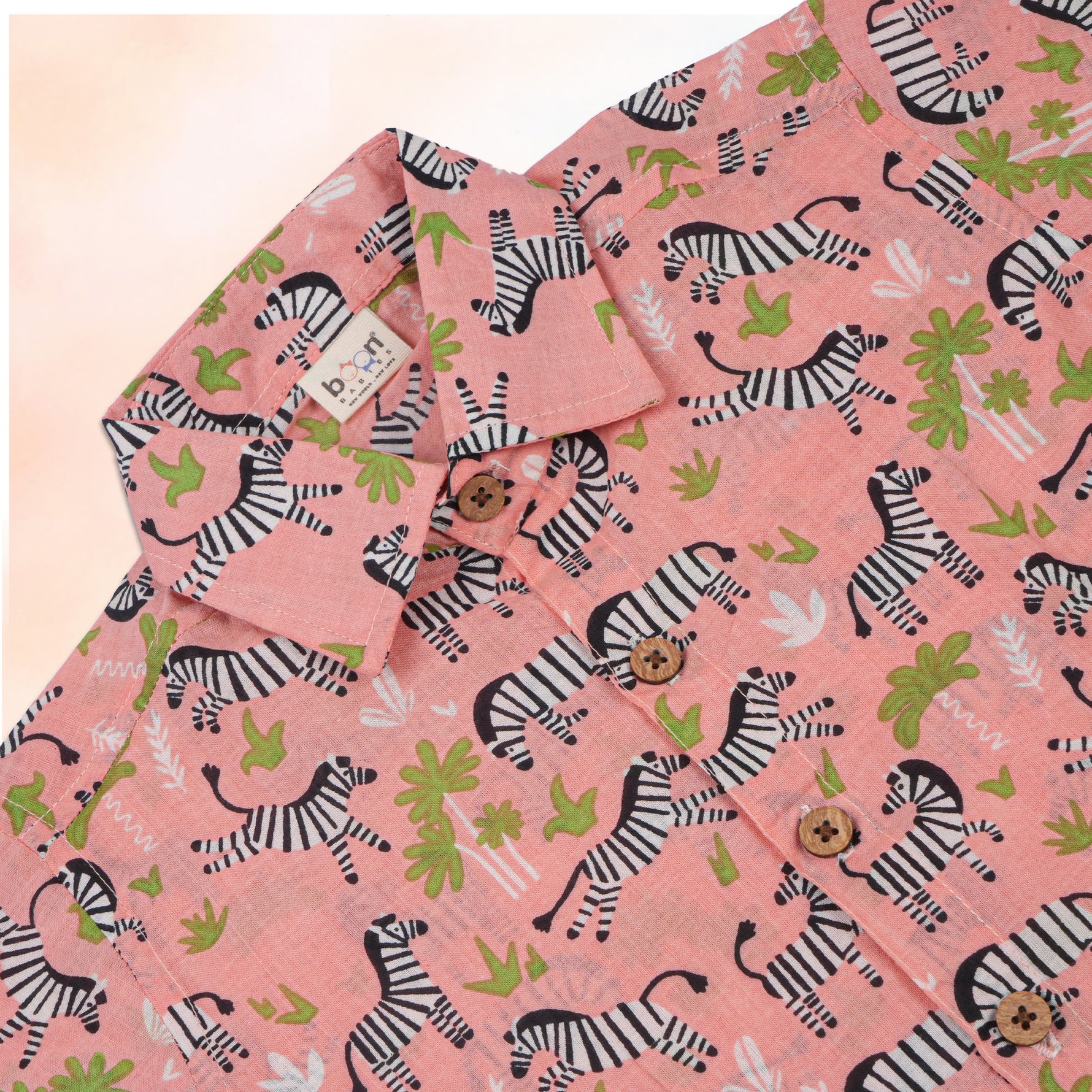 Pink Jaipur cotton zebra print shirt and matching shorts for kids, straight collar, summer wear by Boon Babies.