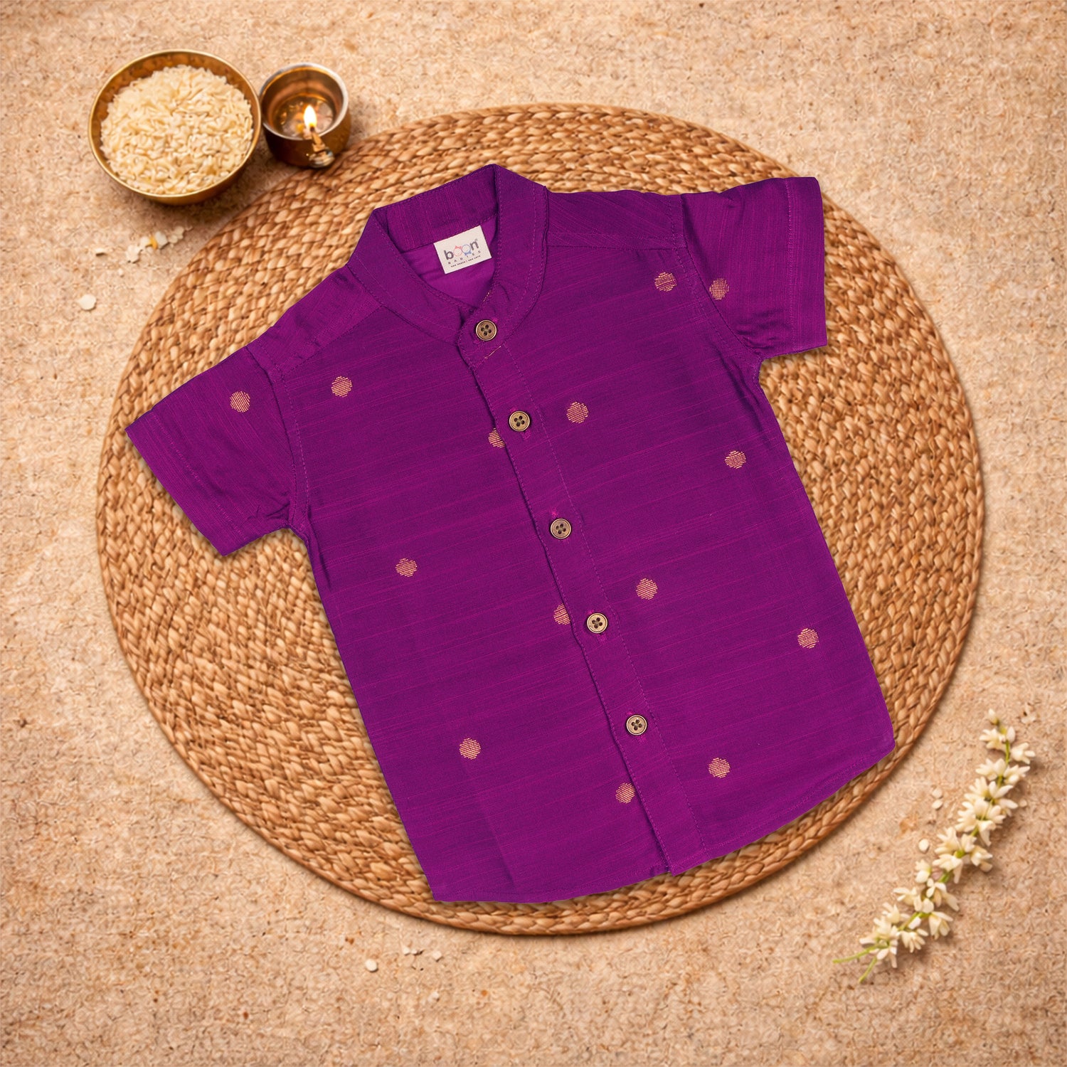 Boys purple silk butta shirt and dhoti set from Booon Babies, traditional festive ethnic wear with vibrant patterns.