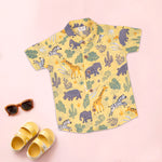 Boon Babies boys safari jungle print co-ord set with Chinese collar, featuring matching shirt and shorts with jungle motif.