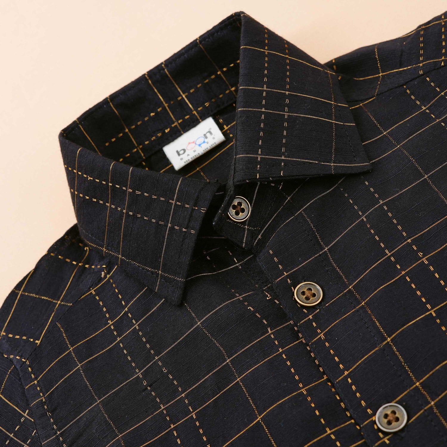 Elegant Black Silk Multi-Check Ethnic Shirt for Boys