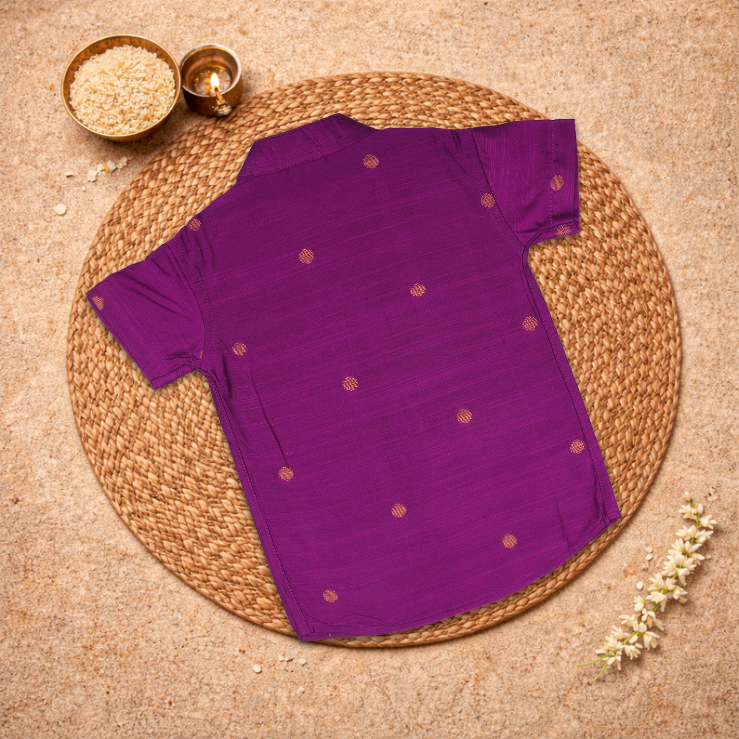 Boy wearing Booon Babies purple silk butta shirt and matching dhoti set, traditional festive ethnic wear.
