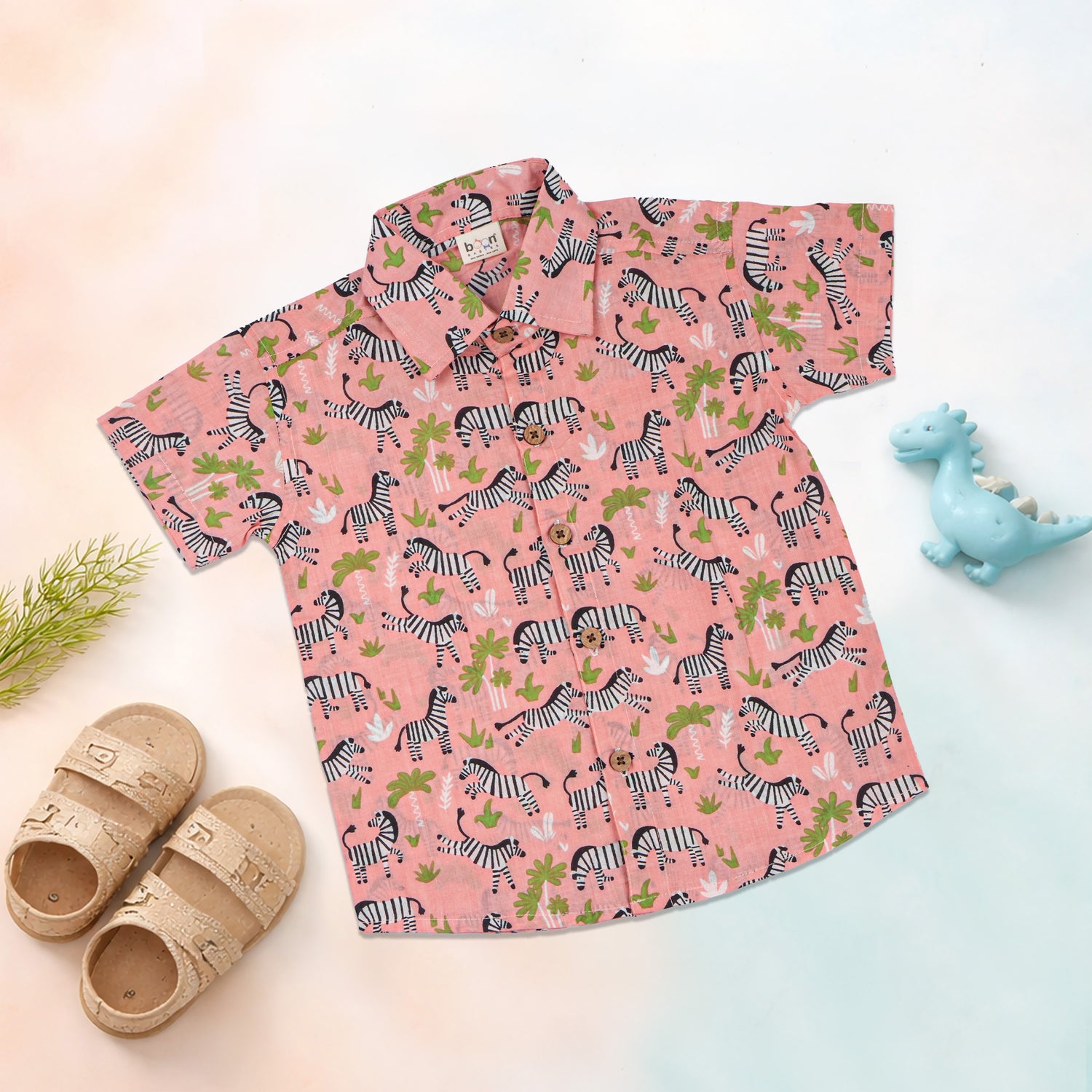Pink Jaipur Cotton zebra print shirt and shorts set for kids from Boon Babies, featuring a straight collar and summer style.