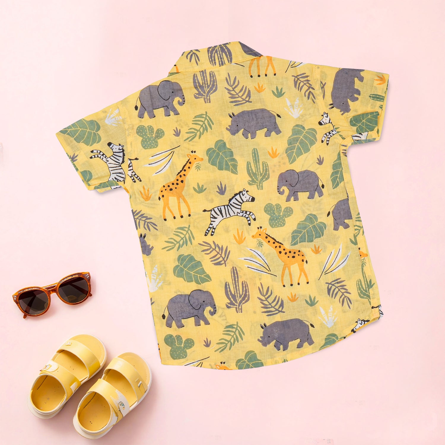 Boon Babies boys safari jungle print co-ord set with printed shirt and shorts featuring a Chinese collar.