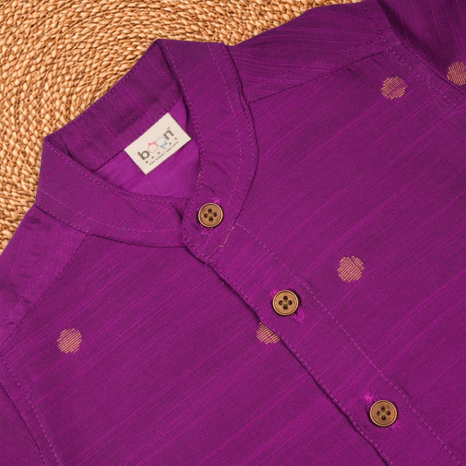 Boys purple silk butta shirt and dhoti set, Booon Babies traditional festive ethnic wear for boys, featuring intricate design and vibrant color.