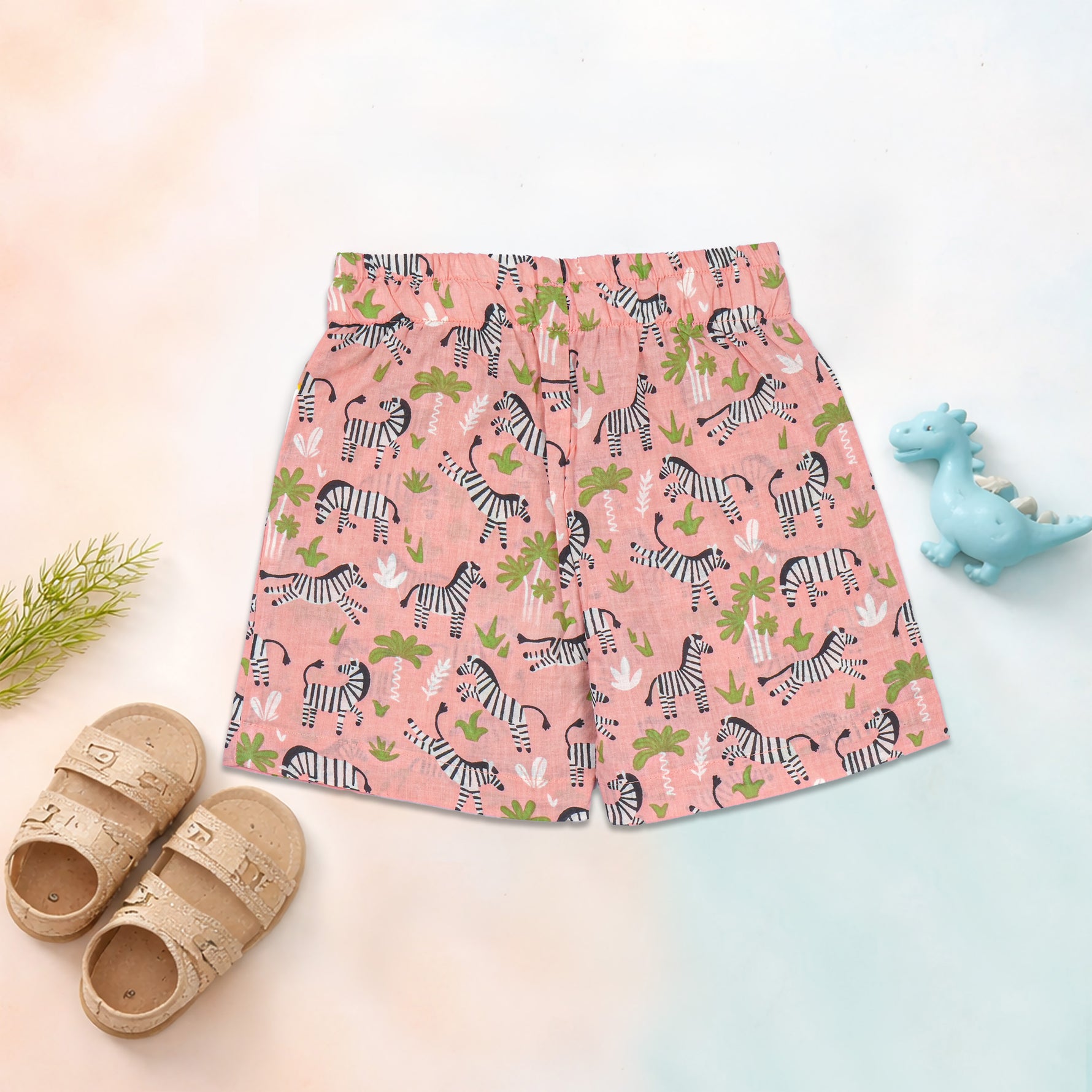 Boon Babies Jaipur cotton zebra print shirt and shorts set in peach, featuring a straight collar and summer casual style.