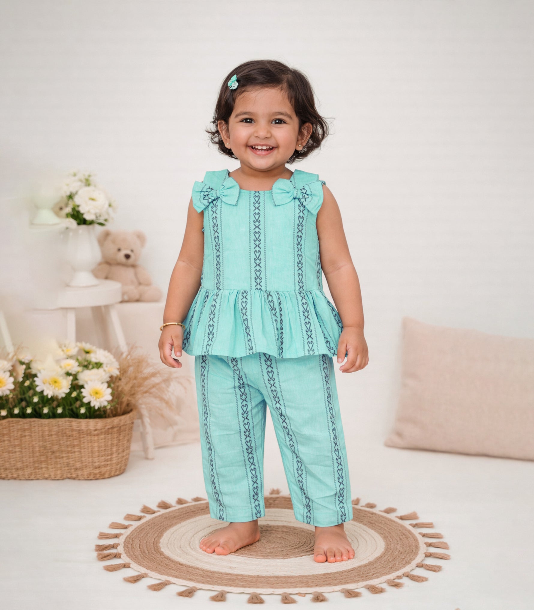 Mint green handloom cotton sleeveless top and pant set with lining and elastic fit for girls aged 1–5 years. Comfortable everyday kidswear from Boon Babies, Coimbatore.