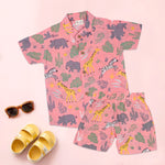 Pink safari print boys co-ord set with printed shirt and shorts featuring a Chinese collar from Boon Babies.
