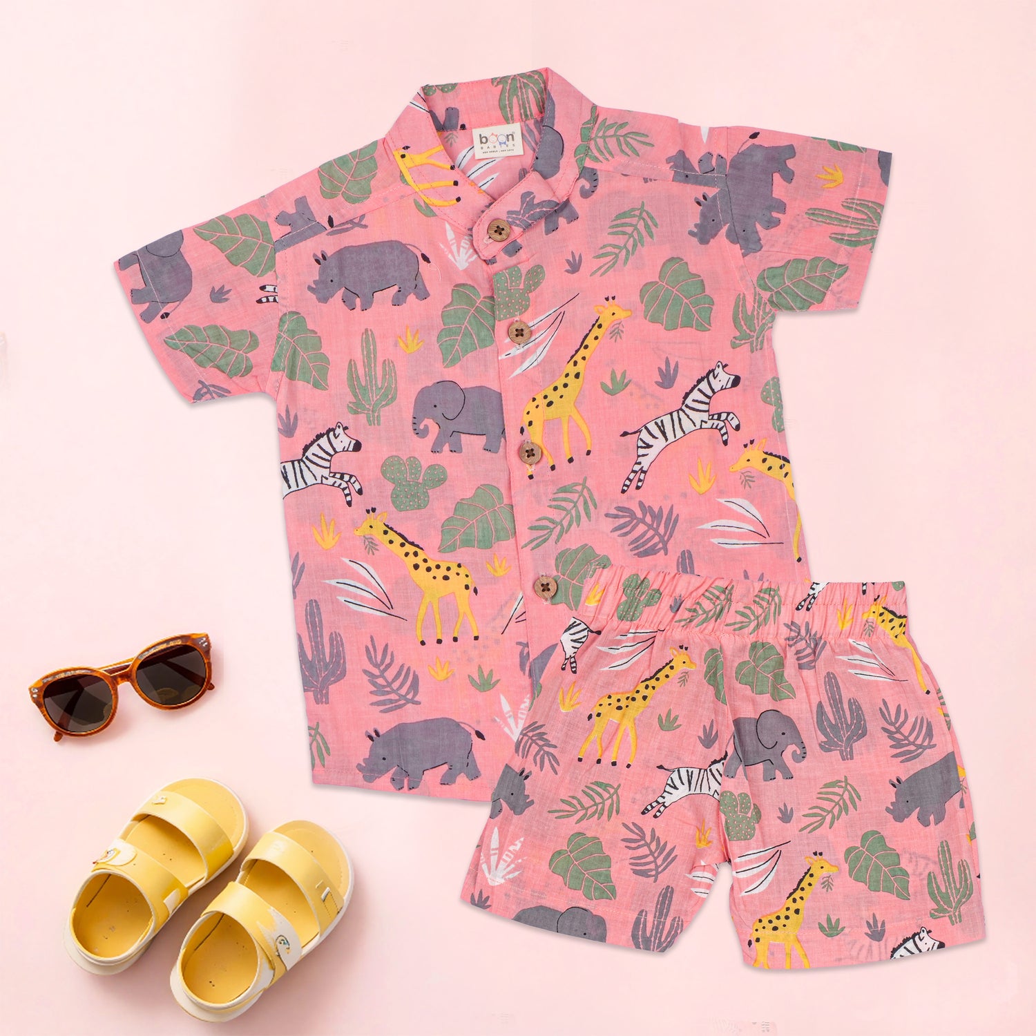 Pink safari print boys co-ord set with printed shirt and shorts featuring a Chinese collar from Boon Babies.