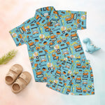 Boon Babies Jaipur cotton construction vehicle print shirt and shorts set for kids, featuring a straight collar and summer design.
