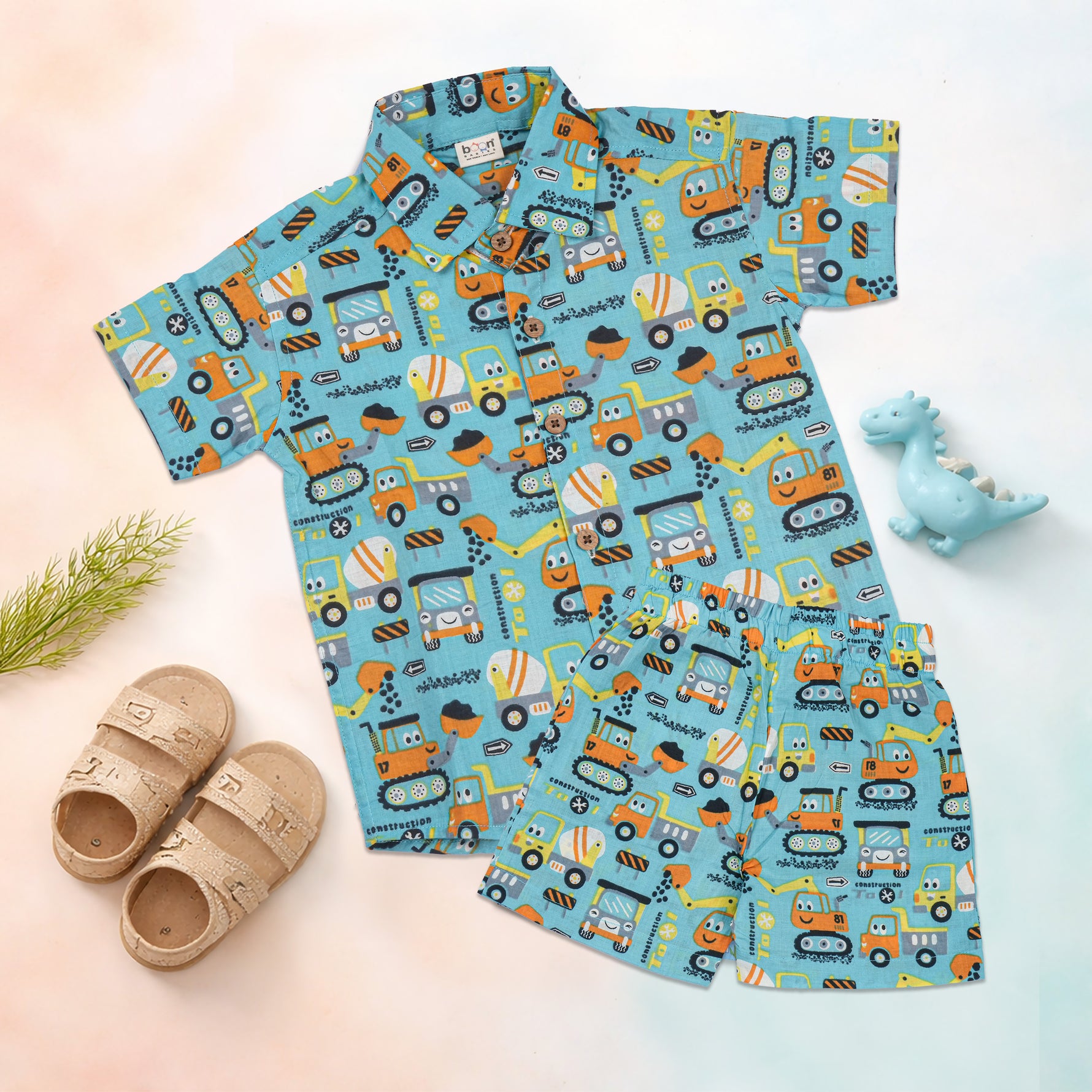 Boon Babies Jaipur cotton construction vehicle print shirt and shorts set for kids, featuring a straight collar and summer design.