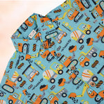 Boond Babies Jaipur cotton construction vehicle print shirt and shorts set for kids, featuring a straight collar and summer design.