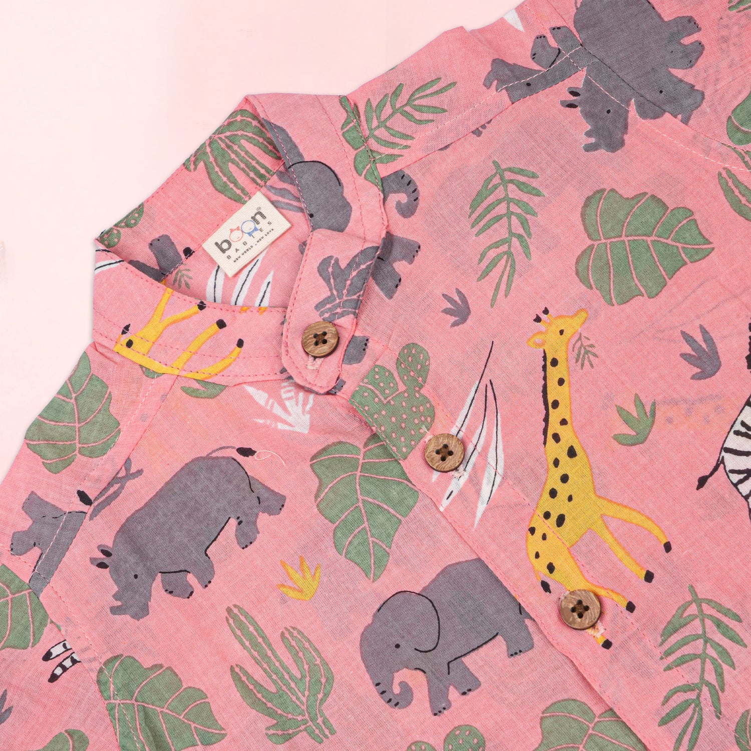 Pink Safari Print Boys Co-ord Set featuring a printed shirt with a Chinese collar and matching shorts by Boon Babies.