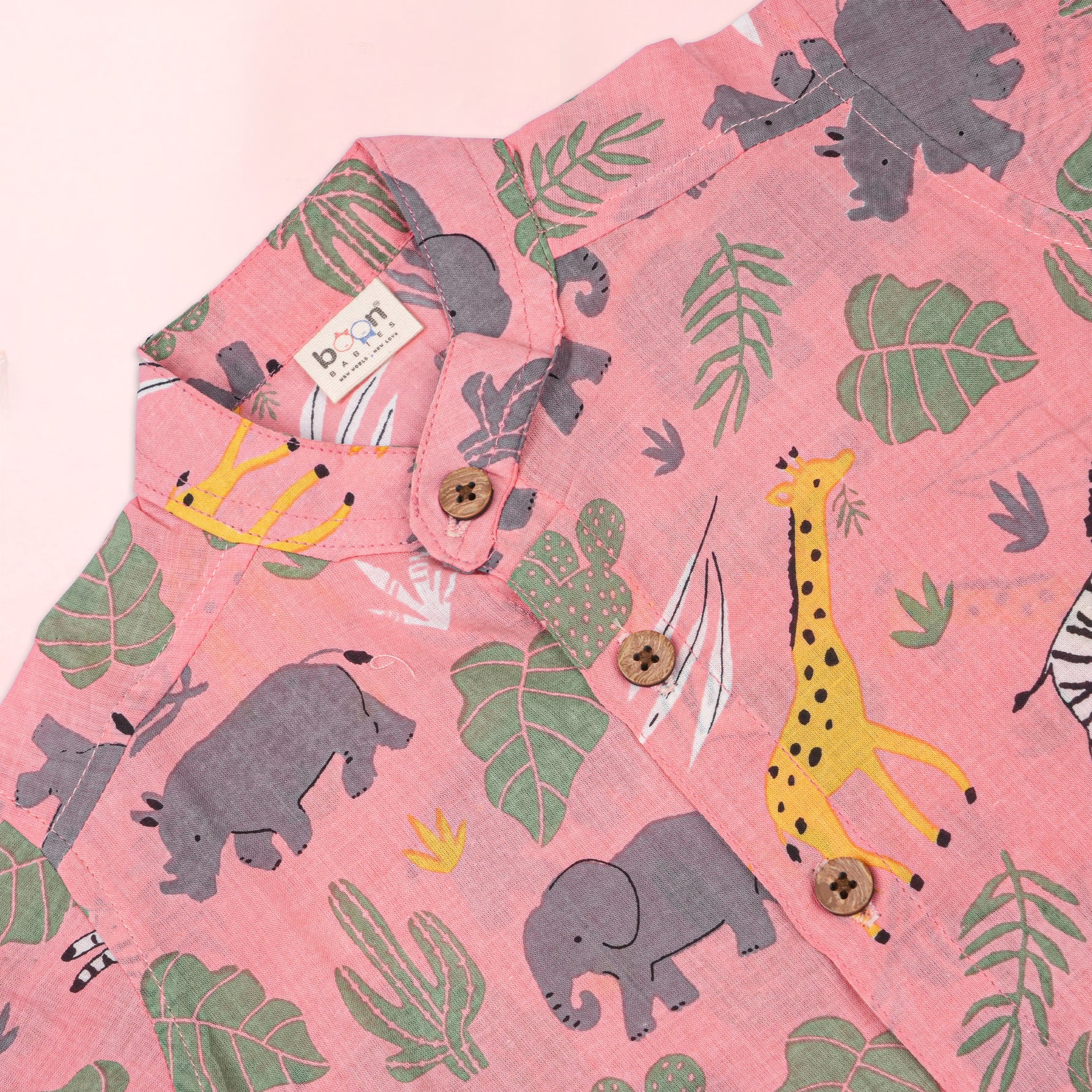 Pink Safari Print Boys Co-ord Set featuring a printed shirt with a Chinese collar and matching shorts by Boon Babies.