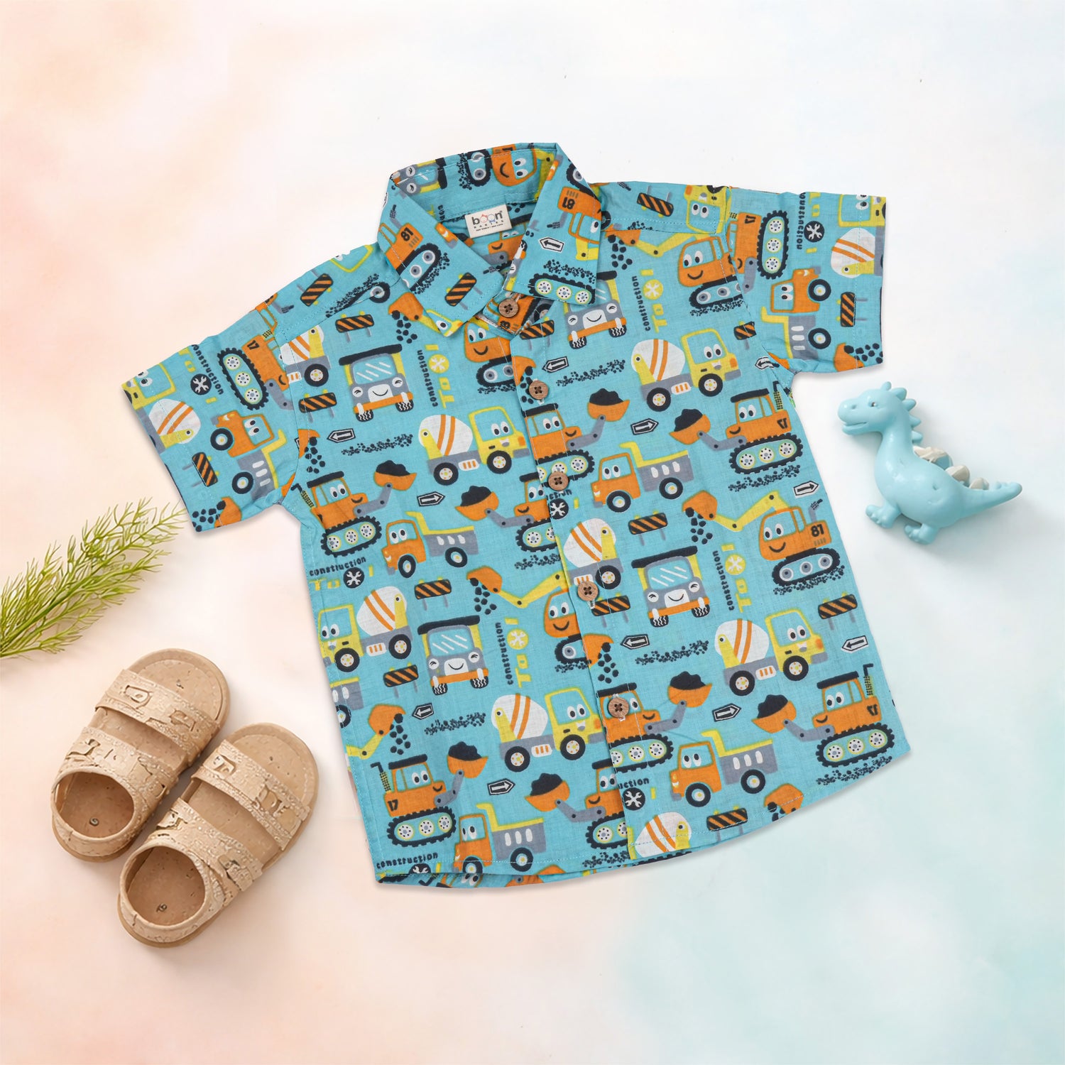 Boon Babies Jaipur cotton construction vehicle print shirt and shorts set for kids, featuring a straight collar and summer design