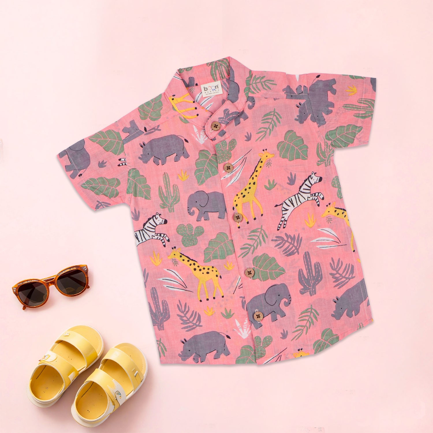 Pink safari print boys co-ord set with printed shirt and shorts featuring a Chinese collar from Boon Babies