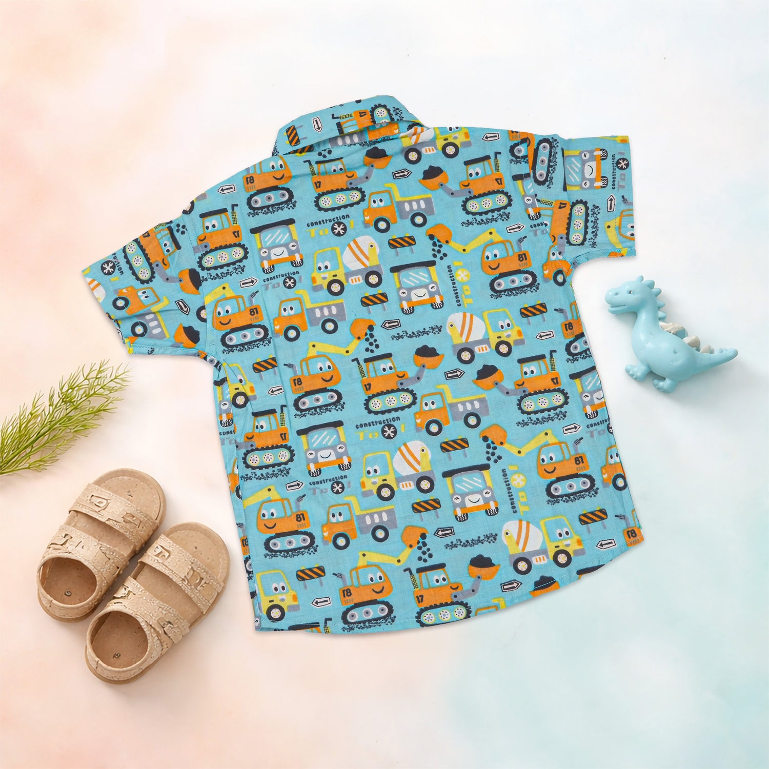 Boon Babies Jaipur cotton construction vehicle print shirt and shorts set for kids, featuring straight collar and colorful construction truck design.