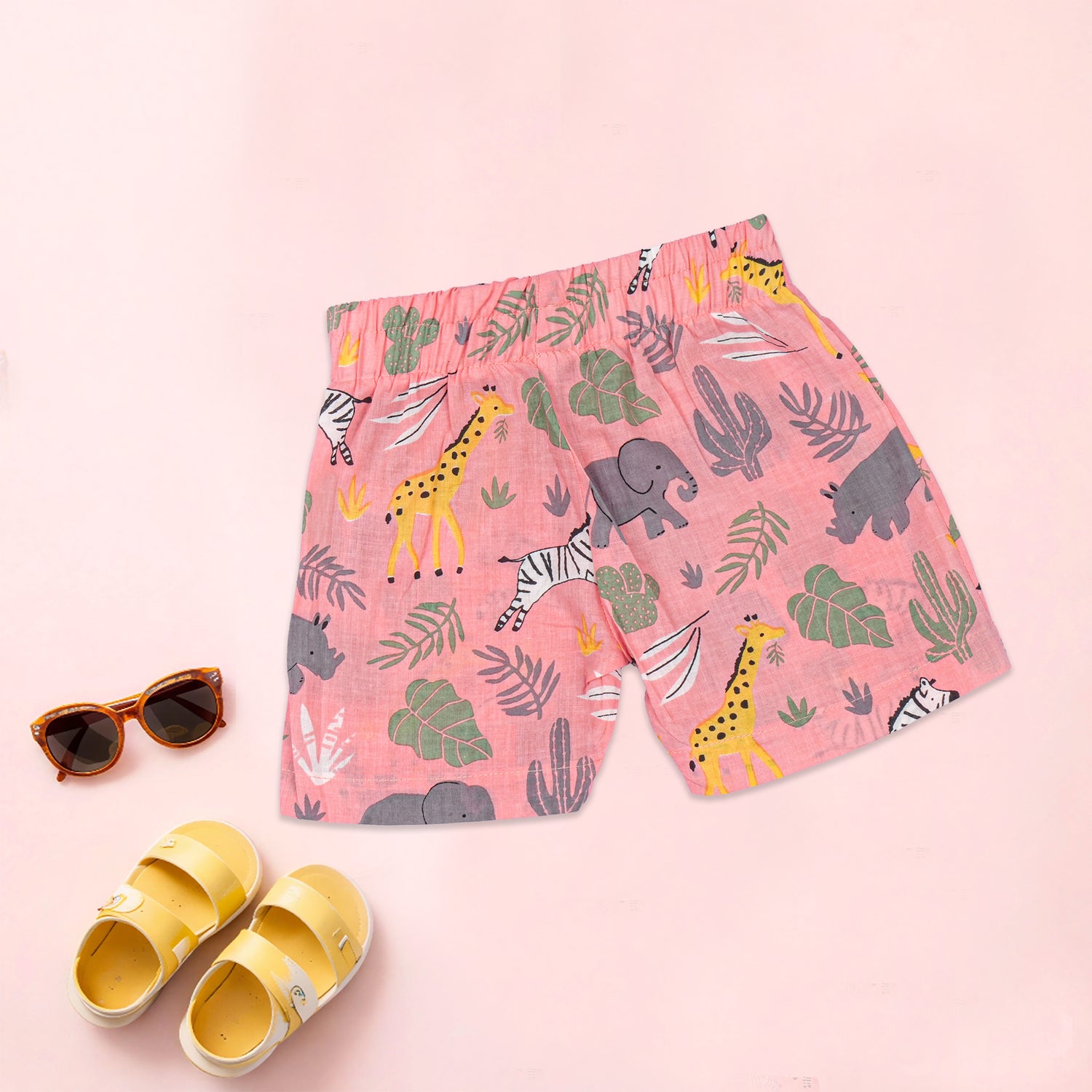 Pink Safari Print boys co-ord set with Chinese collar, includes printed shirt and matching shorts by Boon Babies.