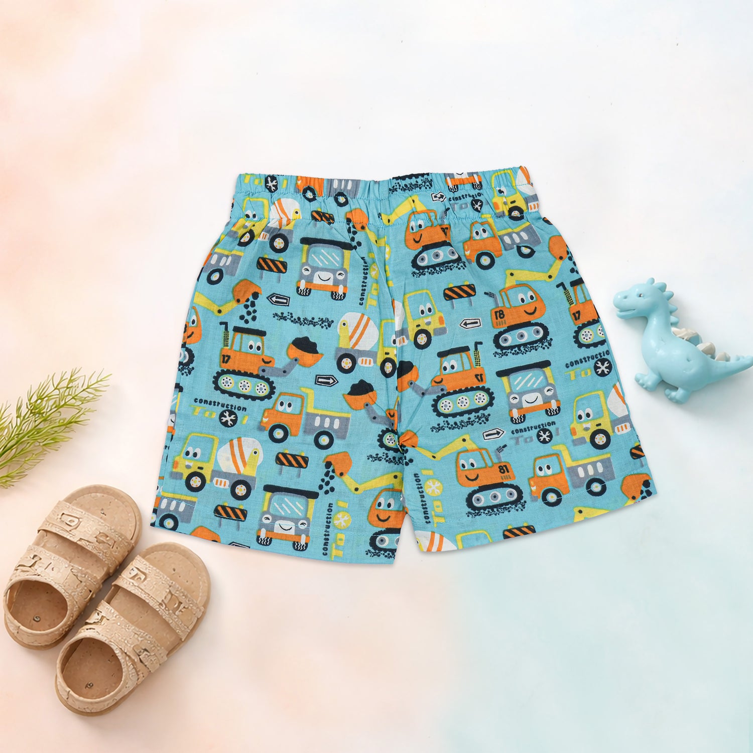 Cotton construction vehicle print shirt and shorts set for kids, straight collar, summer wear by Boon Babies.