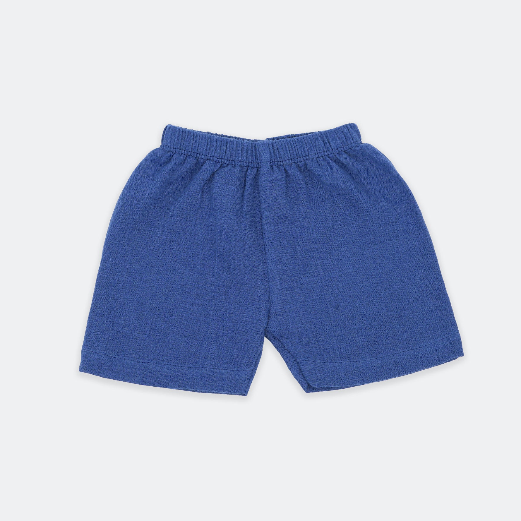 Soft navy blue crinkled muslin jabla and shorts set for babies (3–18 months), designed for breathable daily comfort.