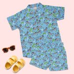 Blue zebra print boys co-ord set featuring a printed shirt with Chinese collar and matching shorts by Boon Babies.