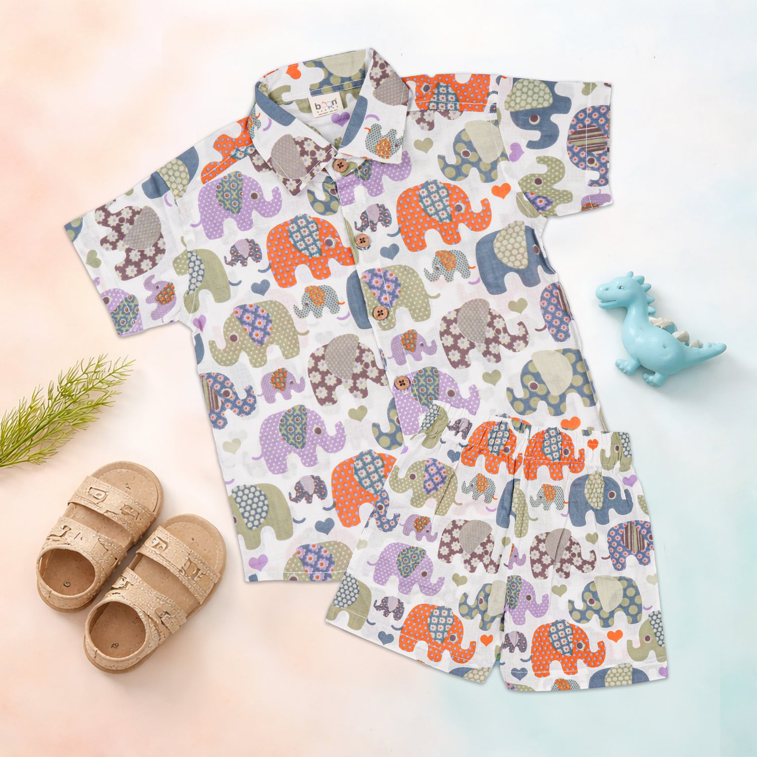 Jaipur Cotton elephant print shirt and matching shorts for kids, featuring a straight collar, by Boon Babies.