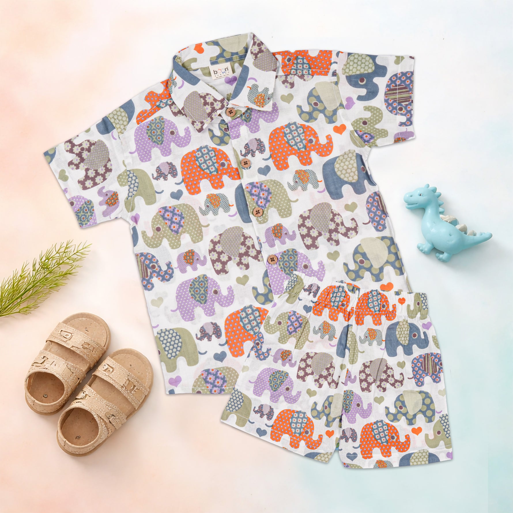 Jaipur Cotton elephant print shirt and matching shorts for kids, featuring a straight collar, by Boon Babies.
